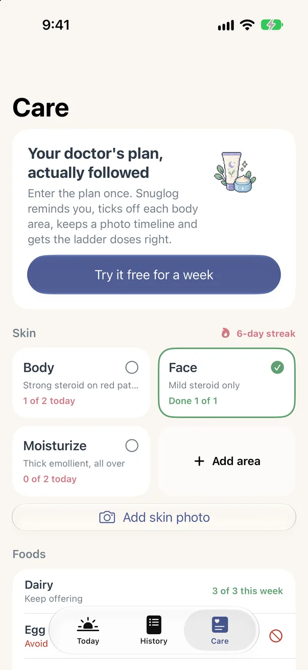 Snuglog Care: Your doctor's skin plan, ticked off morning and evening.