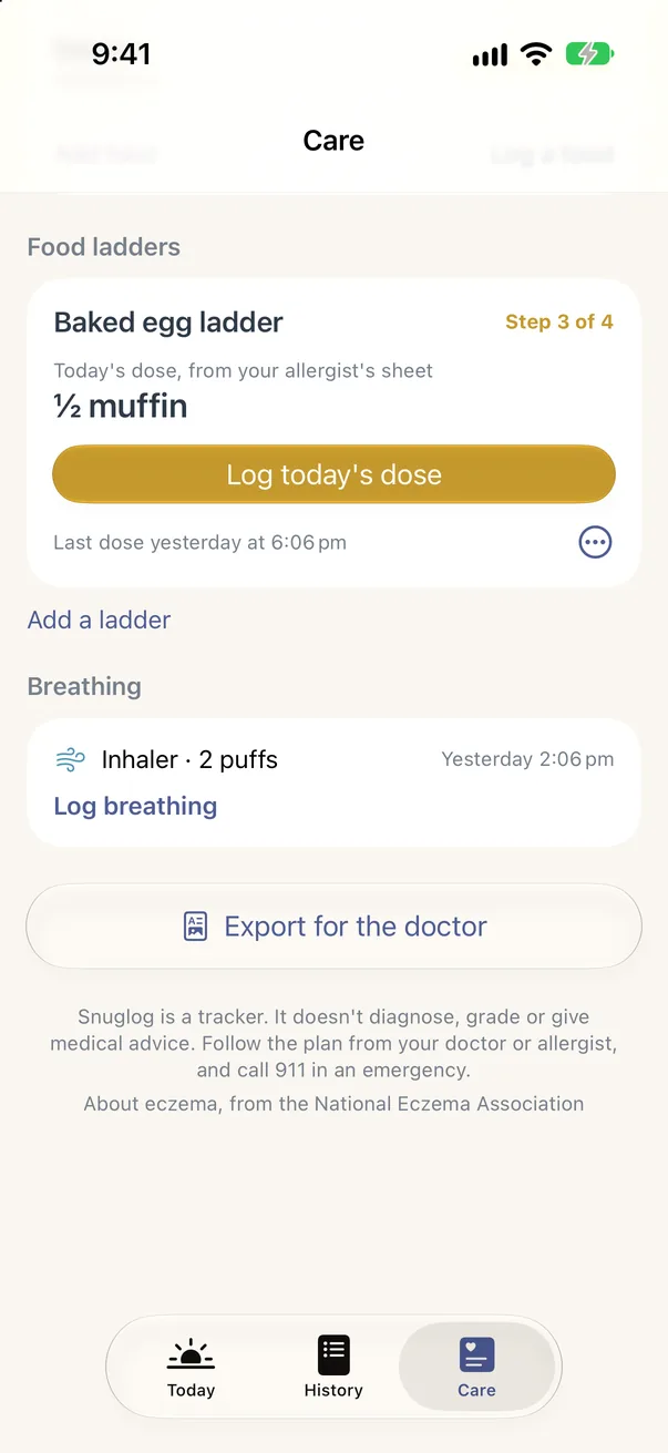 Food ladders: Today's step from your allergist's sheet, logged in a tap.
