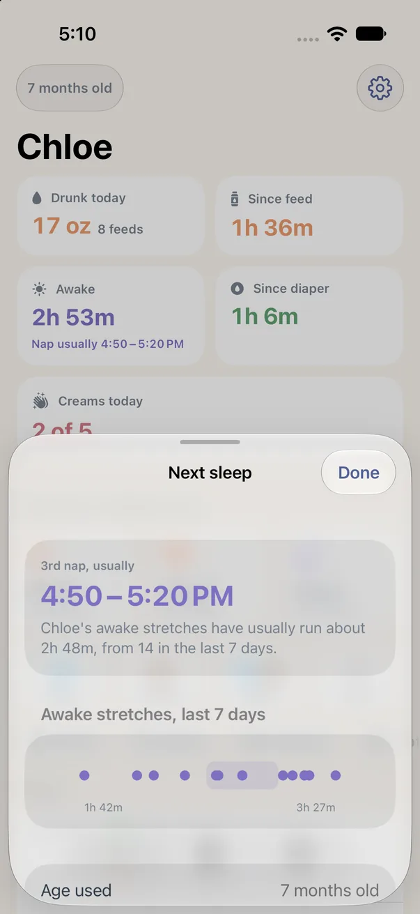 Next sleep: When the next nap usually starts, from your baby's own last week.