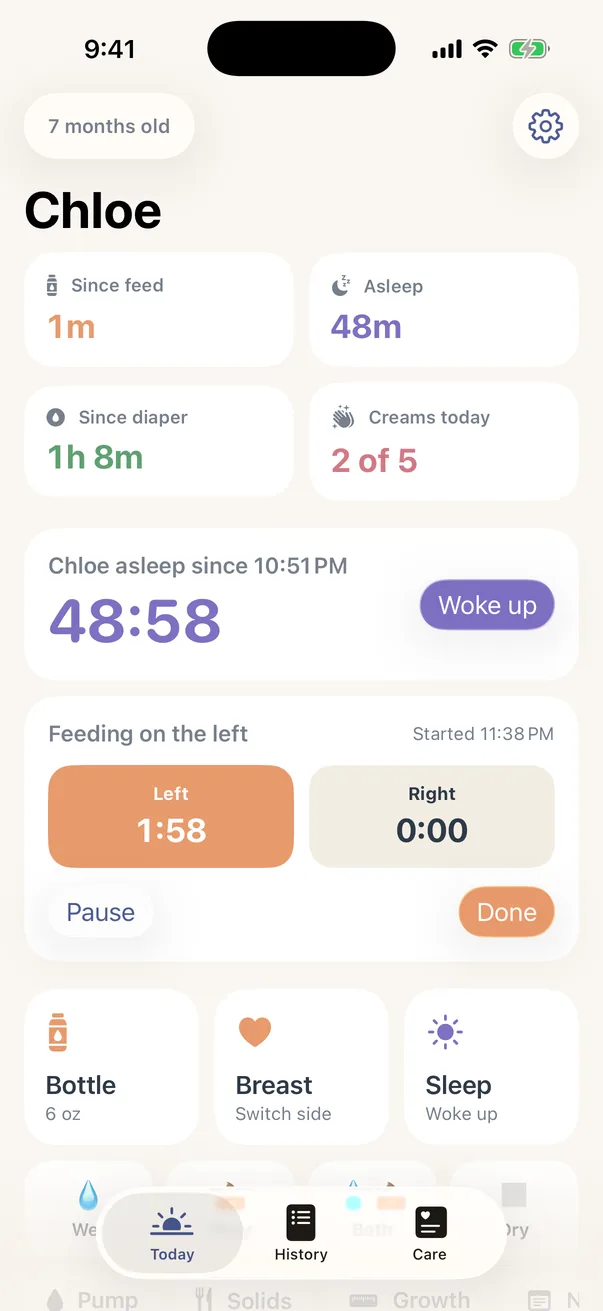 Timers: Breastfeeds and sleep time themselves, left and right sides included.