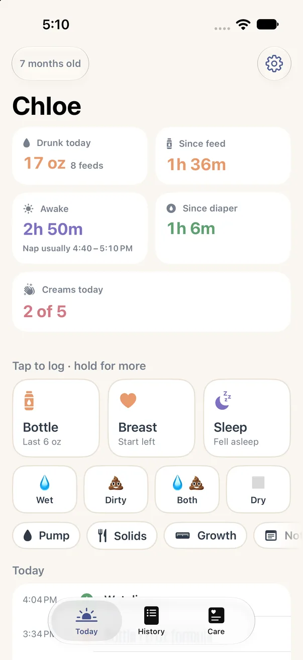 Today: Tap once to log a feed, nap or diaper. Hold for more detail.